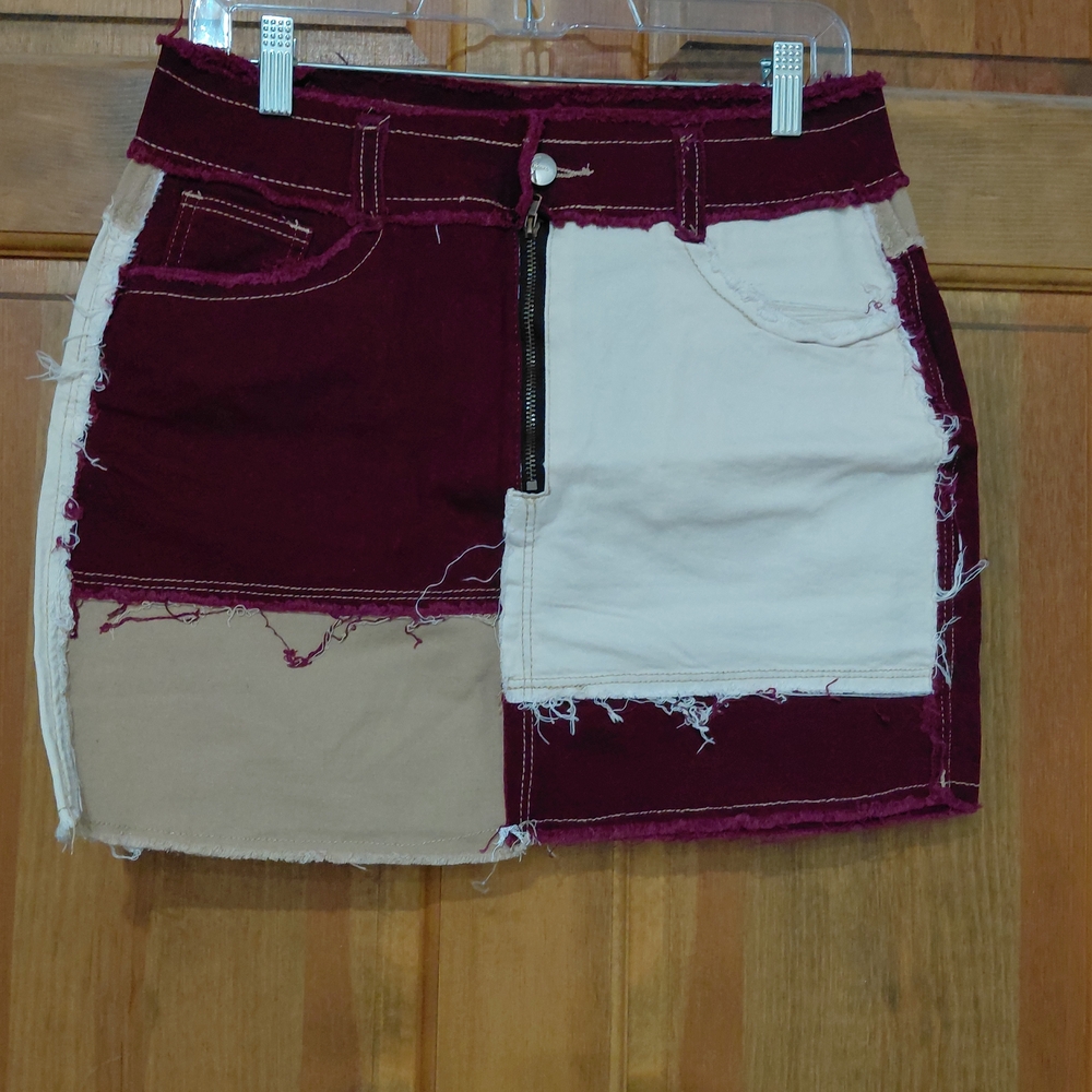 Patchwork Mini Skirt in Burgundy and Cream